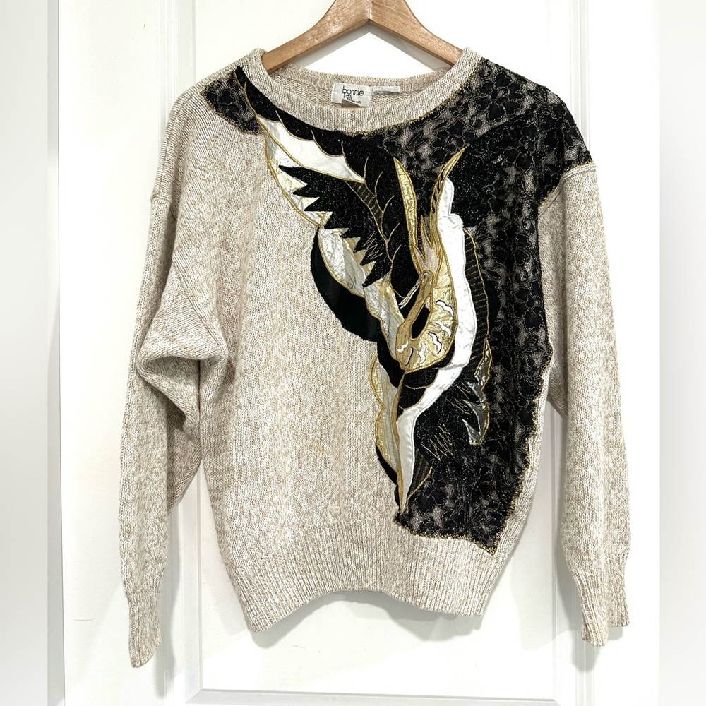 Vintage Bonnie and Bill by Holly Beige and Black Sweater w Gold Accents Unique